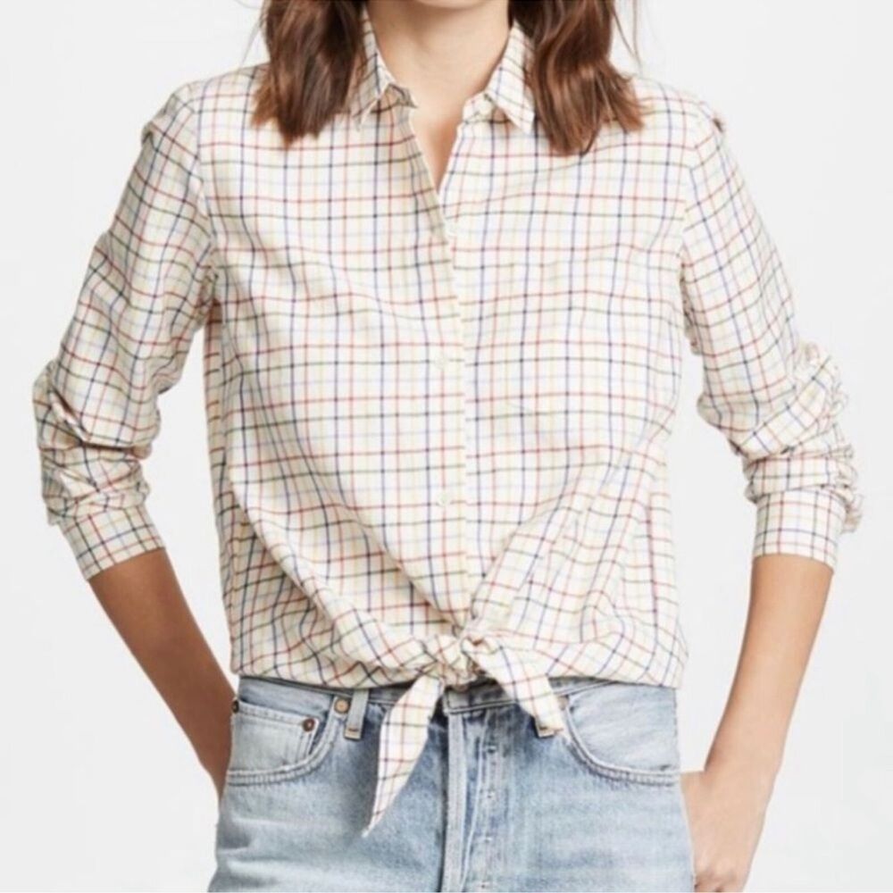Madewell Plaid Front Tie Crop Beige Blouse size XXS (needs button)
